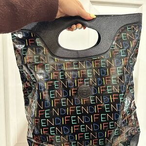 Fendi Black Patent Leather Tote with Multicolor Logo Print